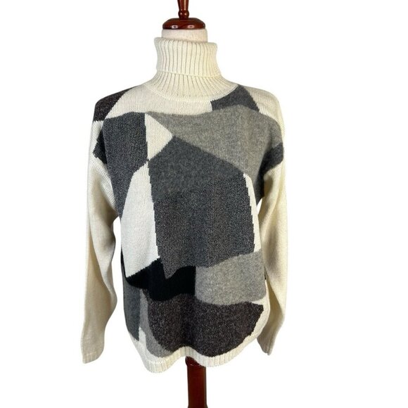 Vtg Sweater Turtleneck Colorblock Abstract Textured Wool Blend Sz S Boxy Preppy - Picture 2 of 9